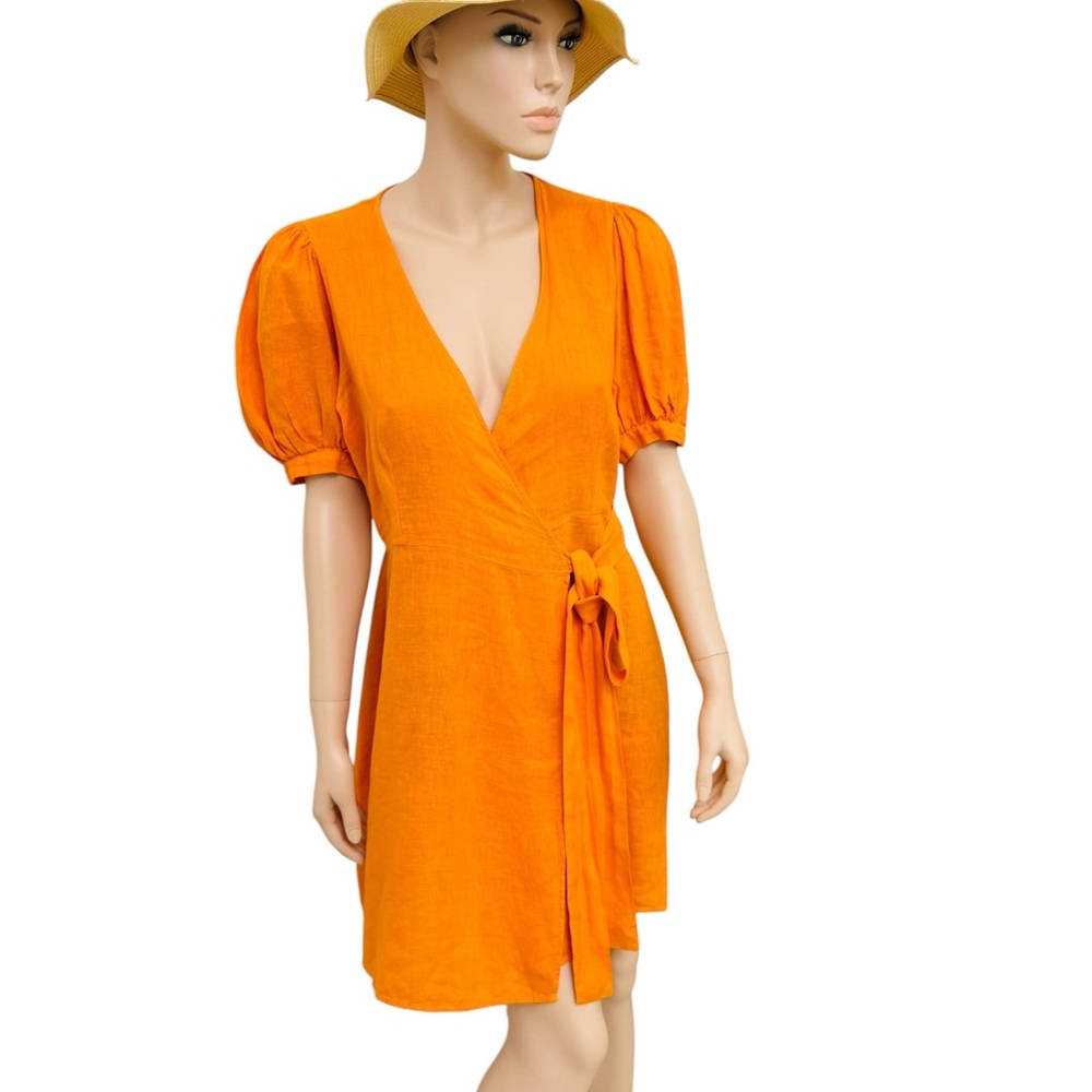 Zara 100% Linen Orange Wrap Dress Puff Sleeve Tie Waist Women’s Medium Portugal - Picture 5 of 12